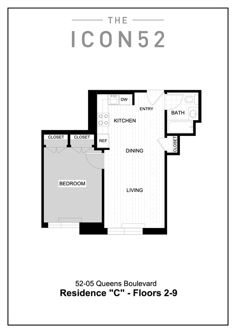 Floor plan for 1 bed, 1 bath, 612 sqft